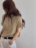 Round Neck Button Front Cropped Ribbed Short Sleeve Cardigan