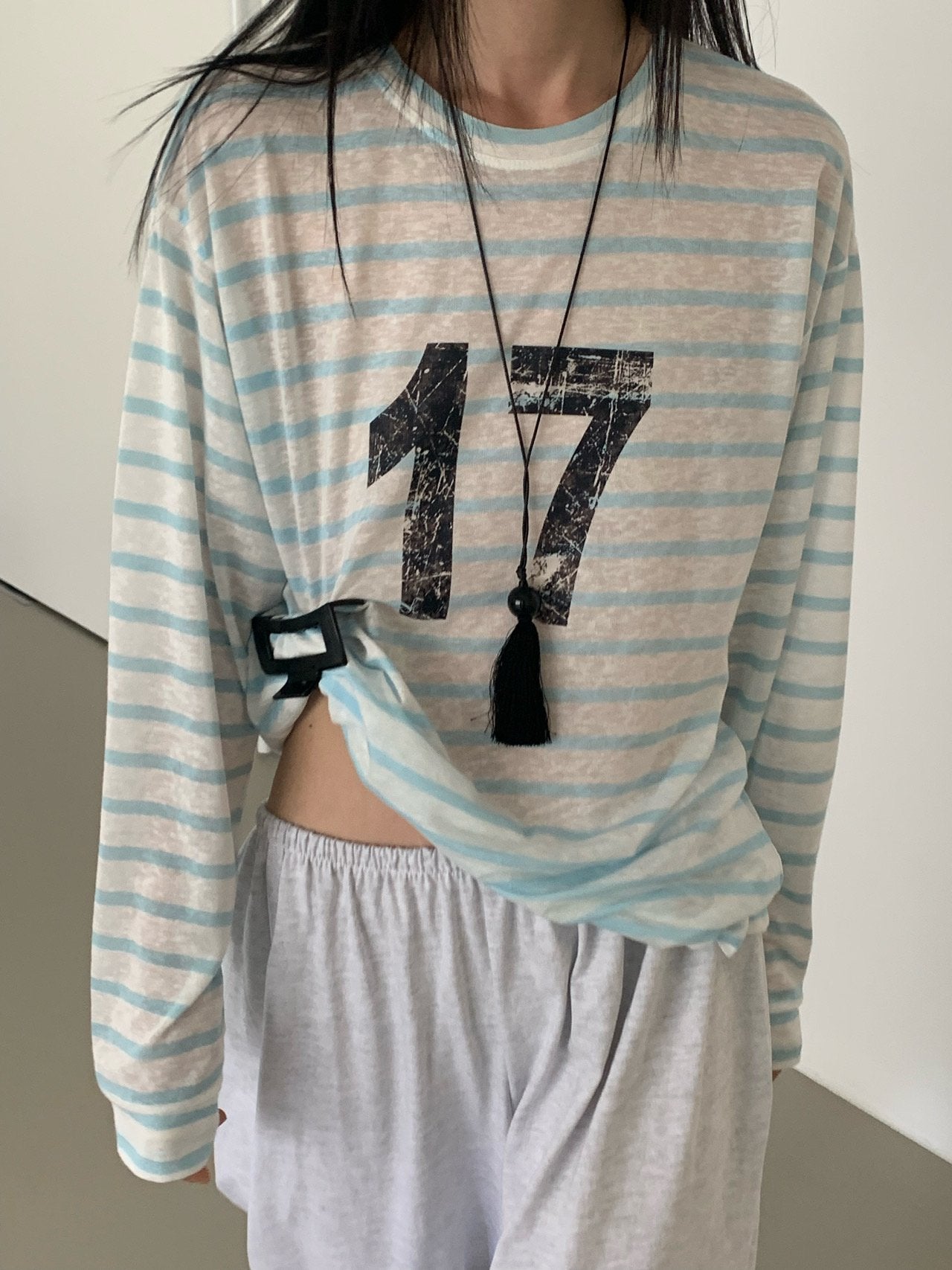 VAARA Number 17 Stripe Oversized Crew Neck Long Sleeve T-Shirt