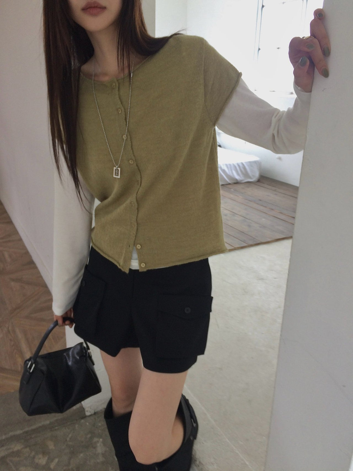 Front Button Cropped Cap Sleeve Knit Vest