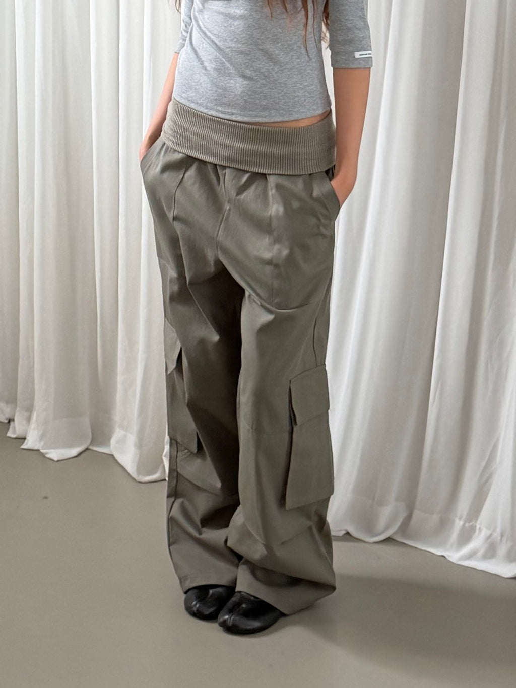 Rib Waistband Wide Leg Cargo Pants