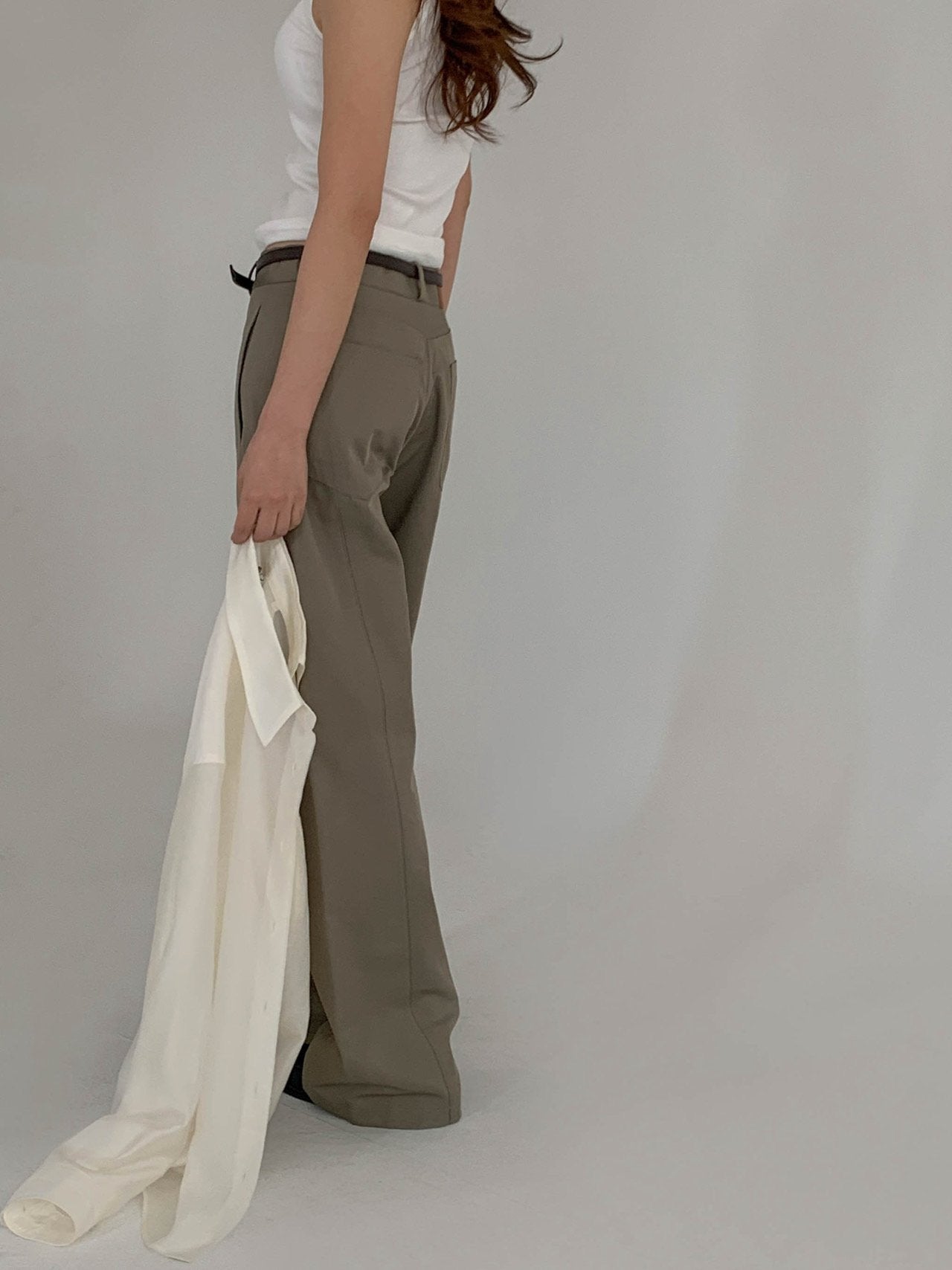 Moment curved seam wide leg pants in Beige, front view full length on model with sandals