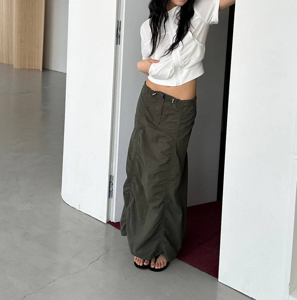 ASKHAKI Cooling Shirred Stand Collar Cropped Zip-Up
