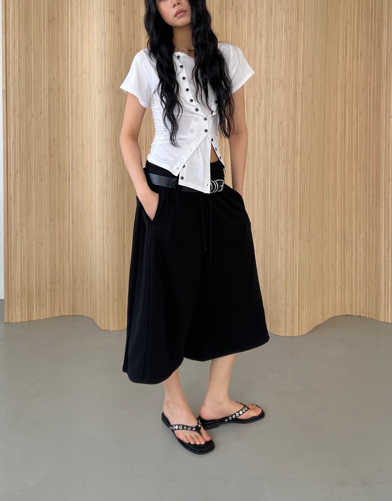 ASKHAKI Double Belt Wide Leg Bermuda Shorts