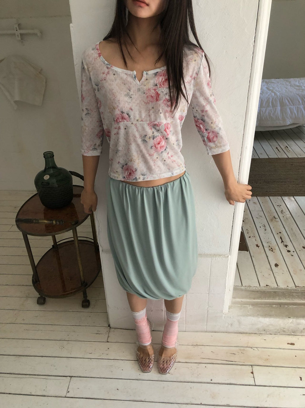 NueFlash Floral Print Notch Neck Three-Quarter Sleeve Crop Top