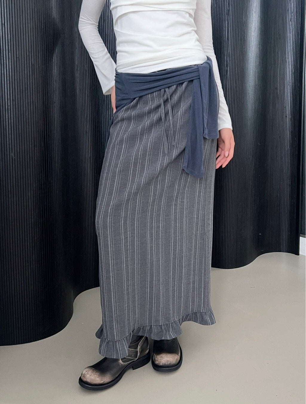 Pinstripe Maxi Skirt with Contrast Waist Band and Ruffle Hem