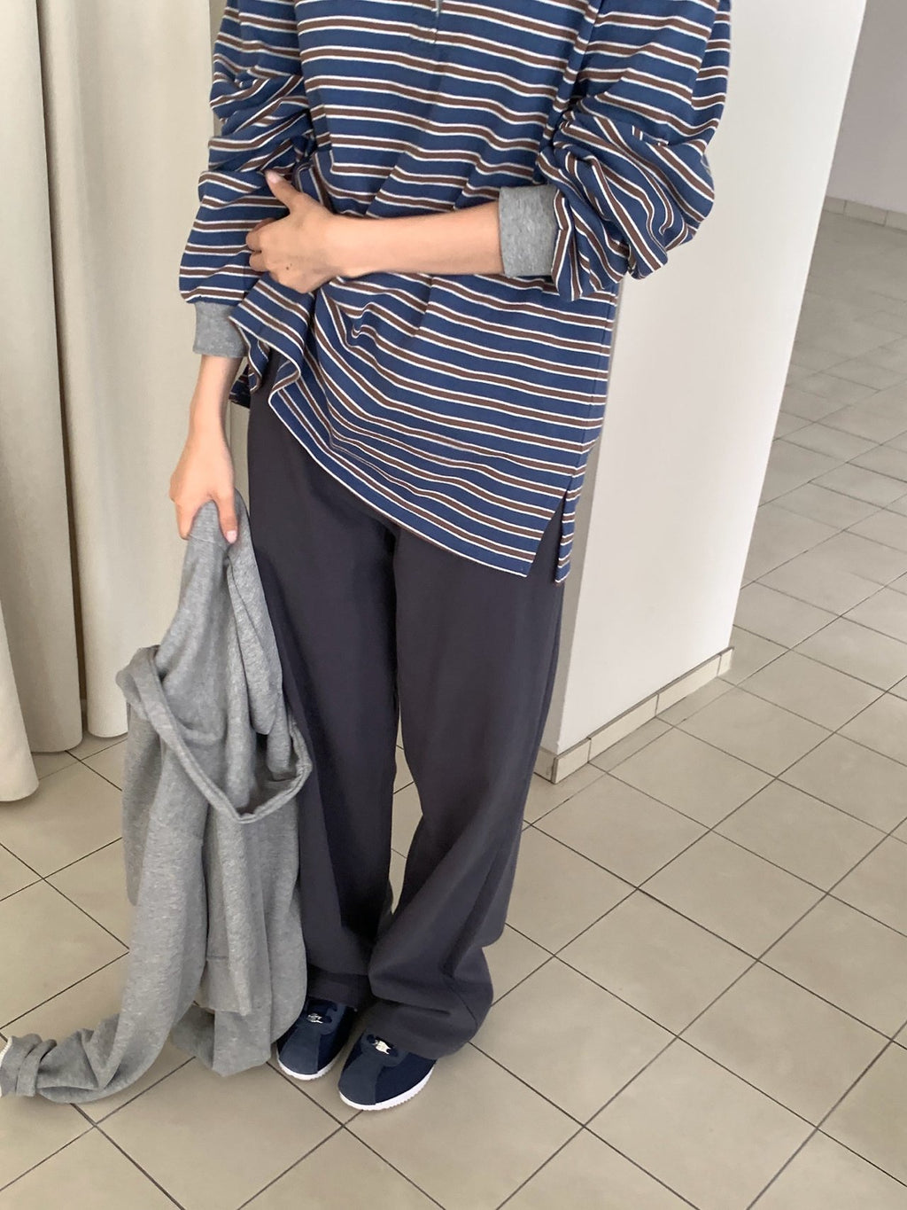 Striped Polo Collar Long Sleeve Tee with Side Slits