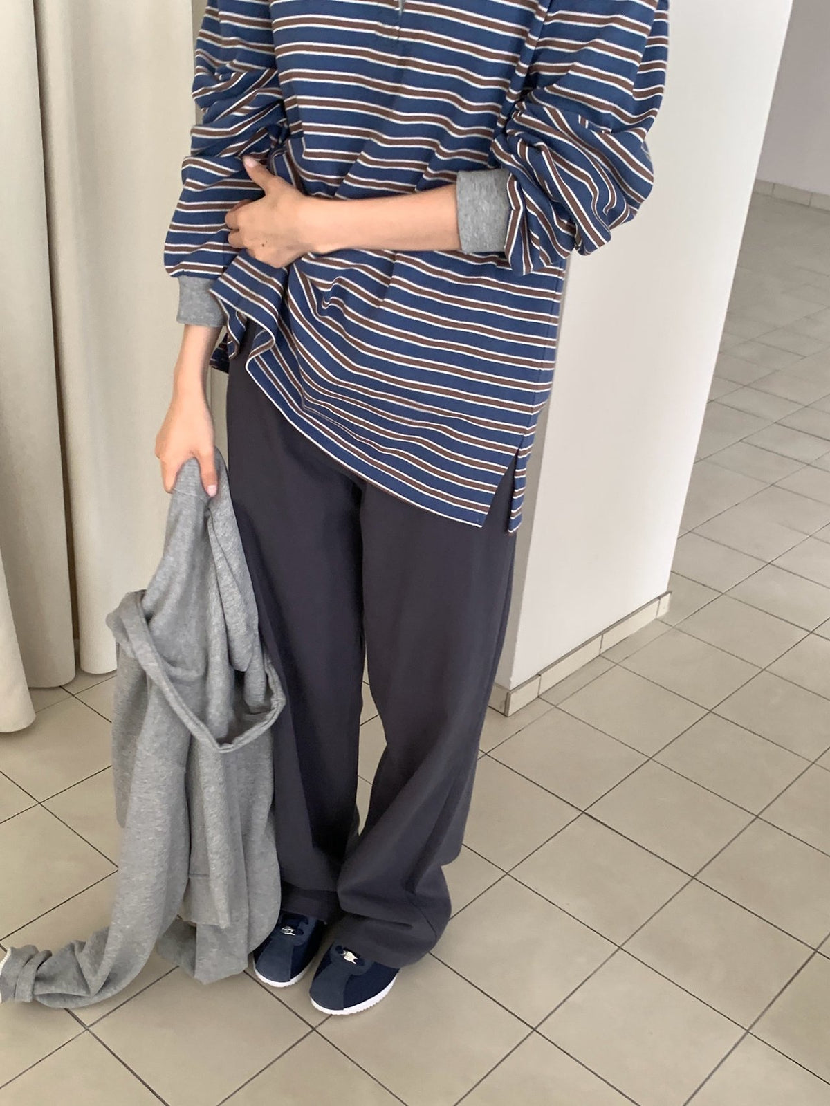 Striped Polo Collar Long Sleeve Tee with Side Slits