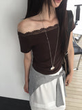 Nweol lace trim off-shoulder top in Brown, close-up lace neckline detail