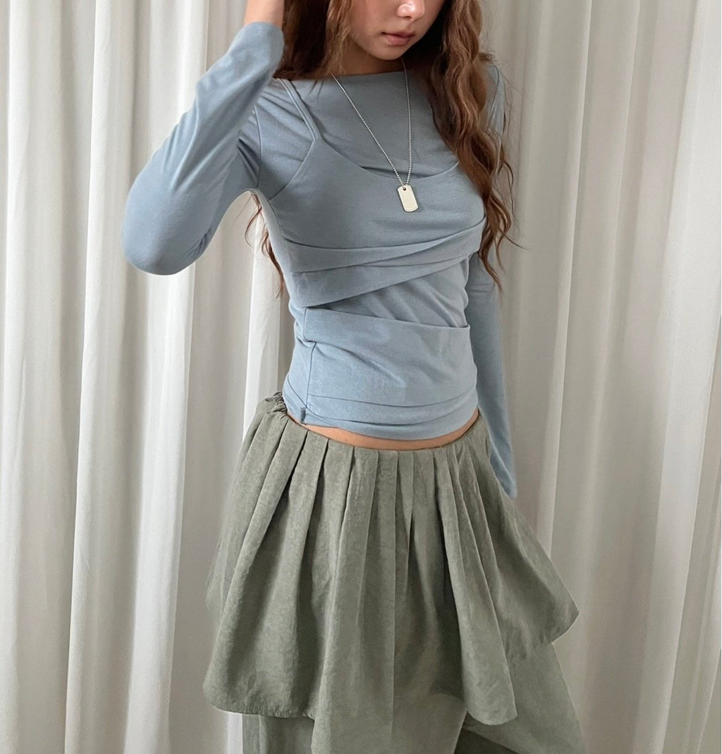 Layered Look Long Sleeve Top with Ruched Strap Detail
