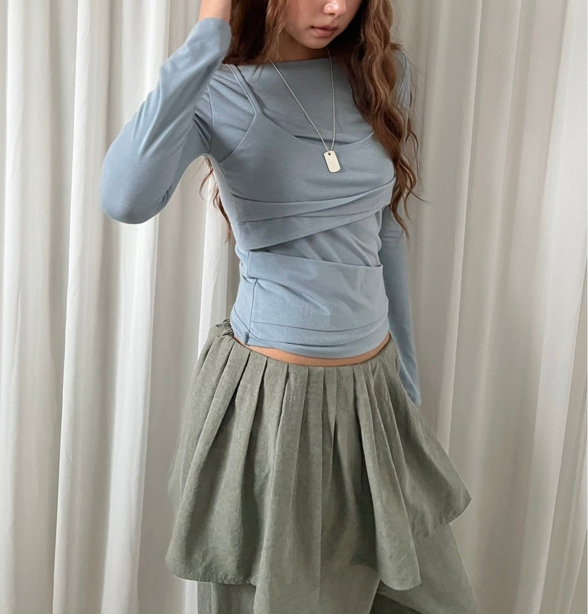 Layered Look Long Sleeve Top with Ruched Strap Detail