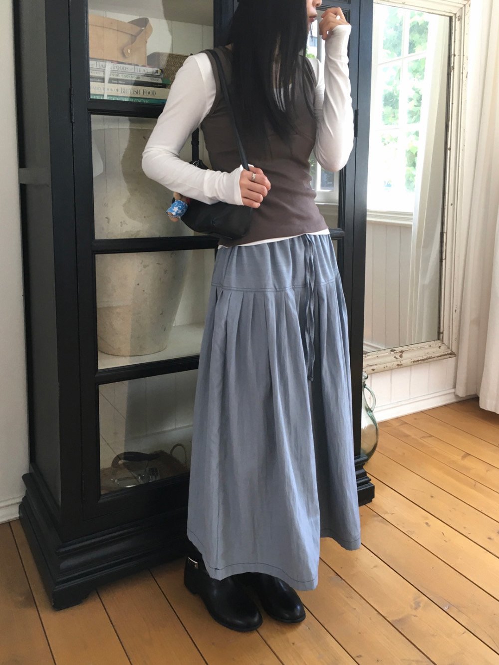Pleated Midi Skirt with Drawstring Elastic Waist