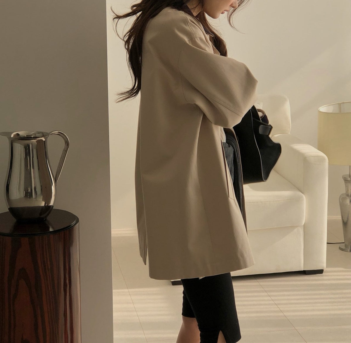 Oversized Contrast Collar Corduroy Trim Long Coat