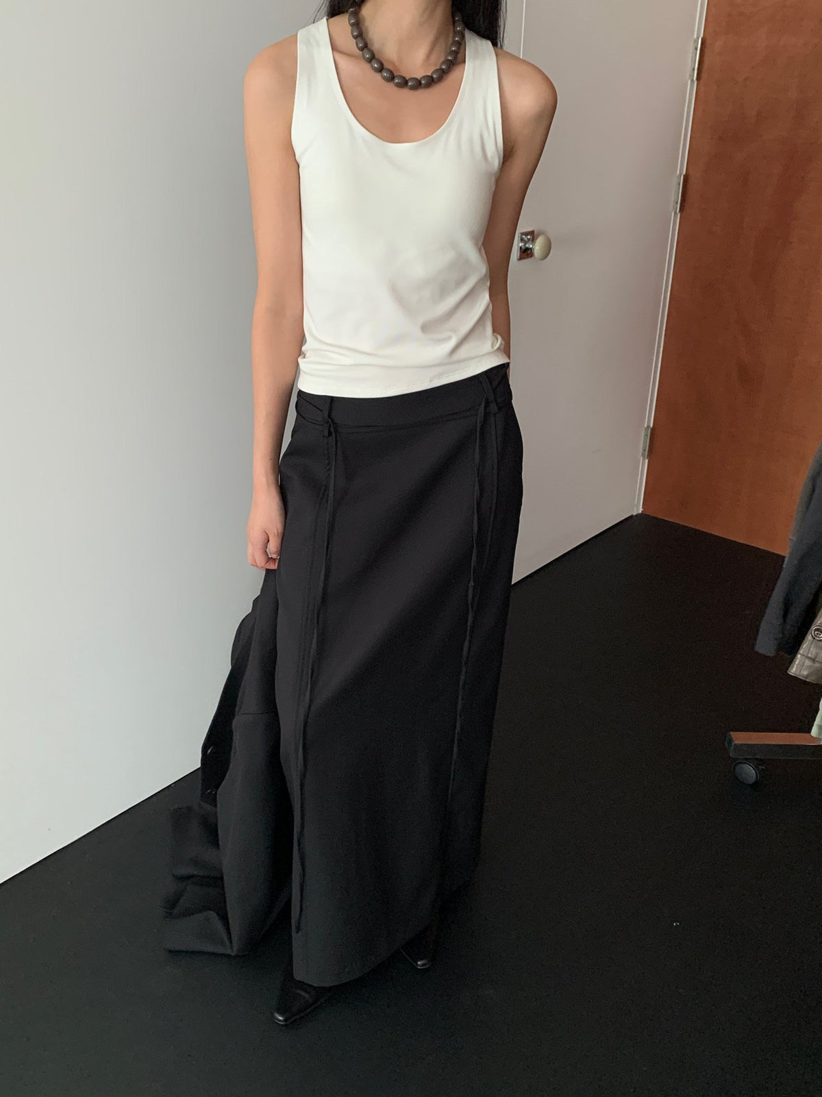 Charcoal long skirt styled with a jacket