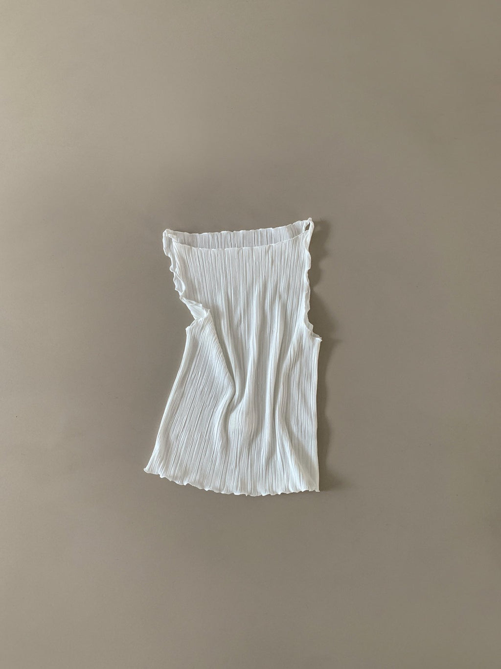 Moment pleated boat neck tank top in Light Khaki, front view close-up ruffle shoulder detail