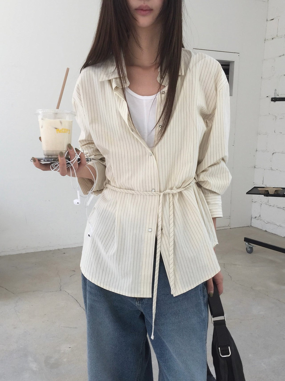 Striped Snap Button Shirt with Belt