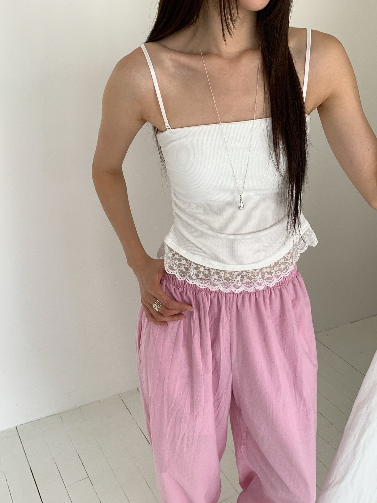 Vive L ribbed lace hem camisole top styled in White