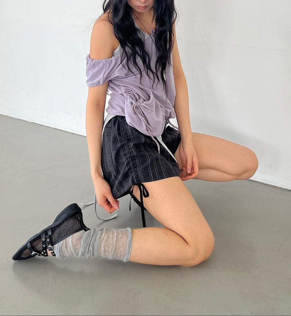 ASKHAKI Stripe Side Ruffle Drawstring Bow Elastic Waist Shorts