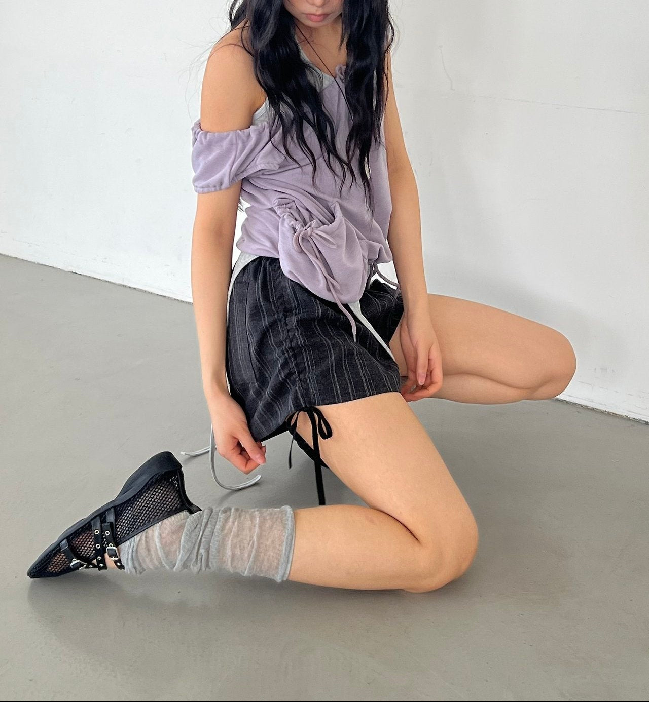ASKHAKI Stripe Side Ruffle Drawstring Bow Elastic Waist Shorts