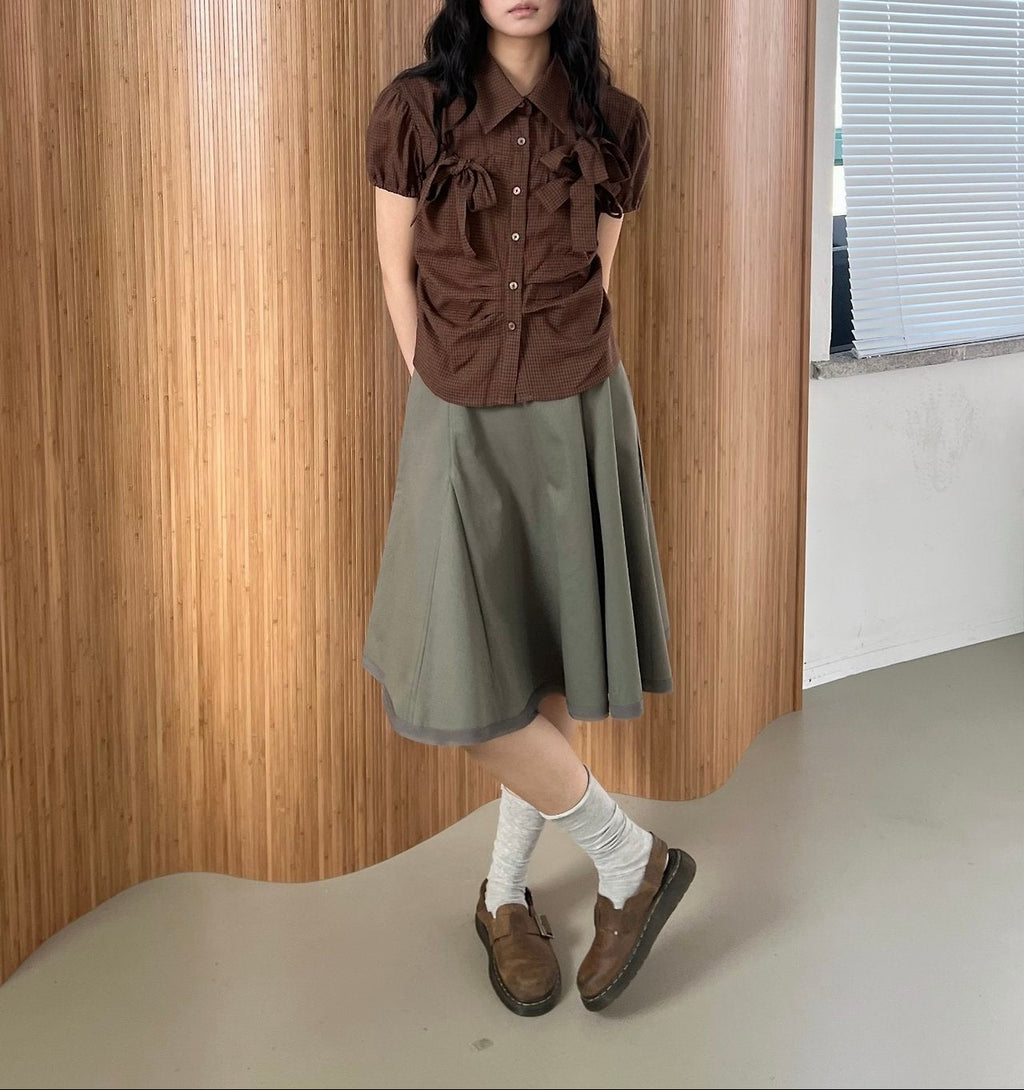 ASKHAKI Ribbon Bow Puff Sleeve Cropped Shirt Blouse