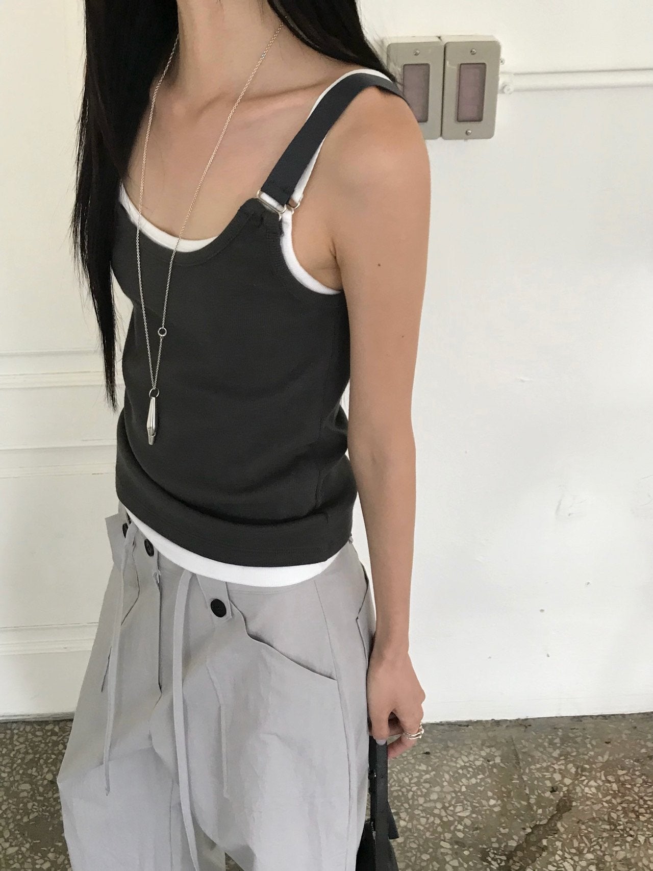 Nweol ribbed square neck tank top in White Melange, front view styled with wide leg pants