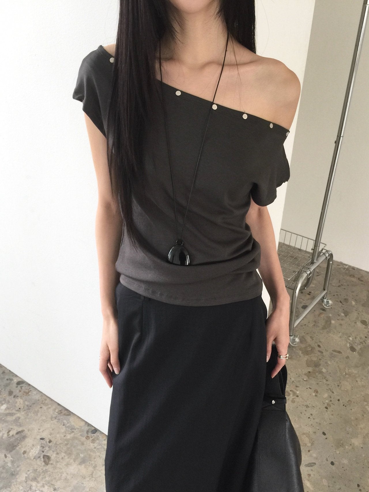 Nweol asymmetric one-shoulder top in Charcoal, back view full length
