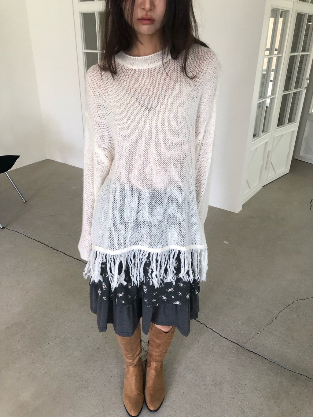 Open-Knit Fringe Sweater Charcoal full body front view styled with pants