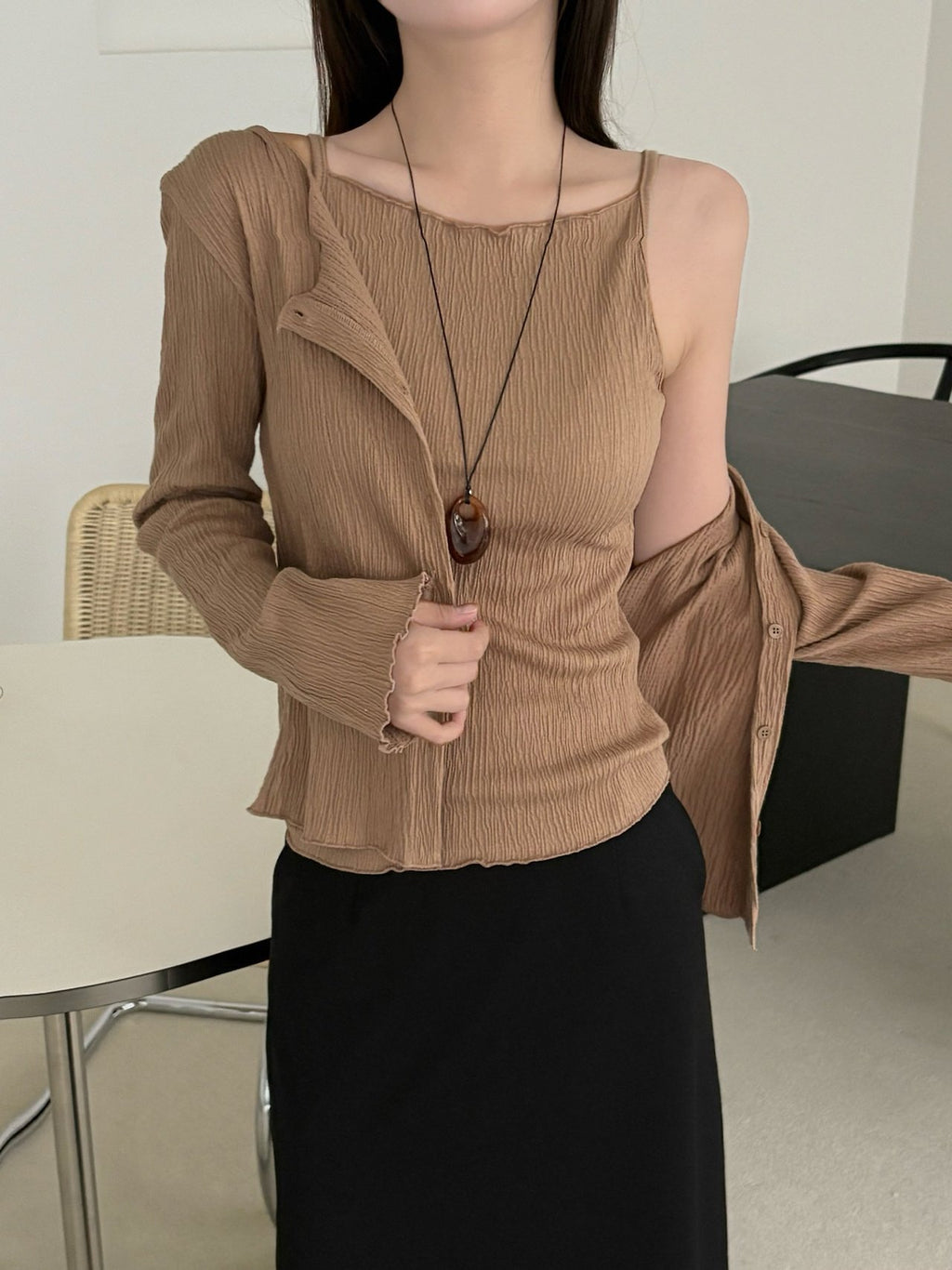 Ivory pleated tank top with matching button cardigan