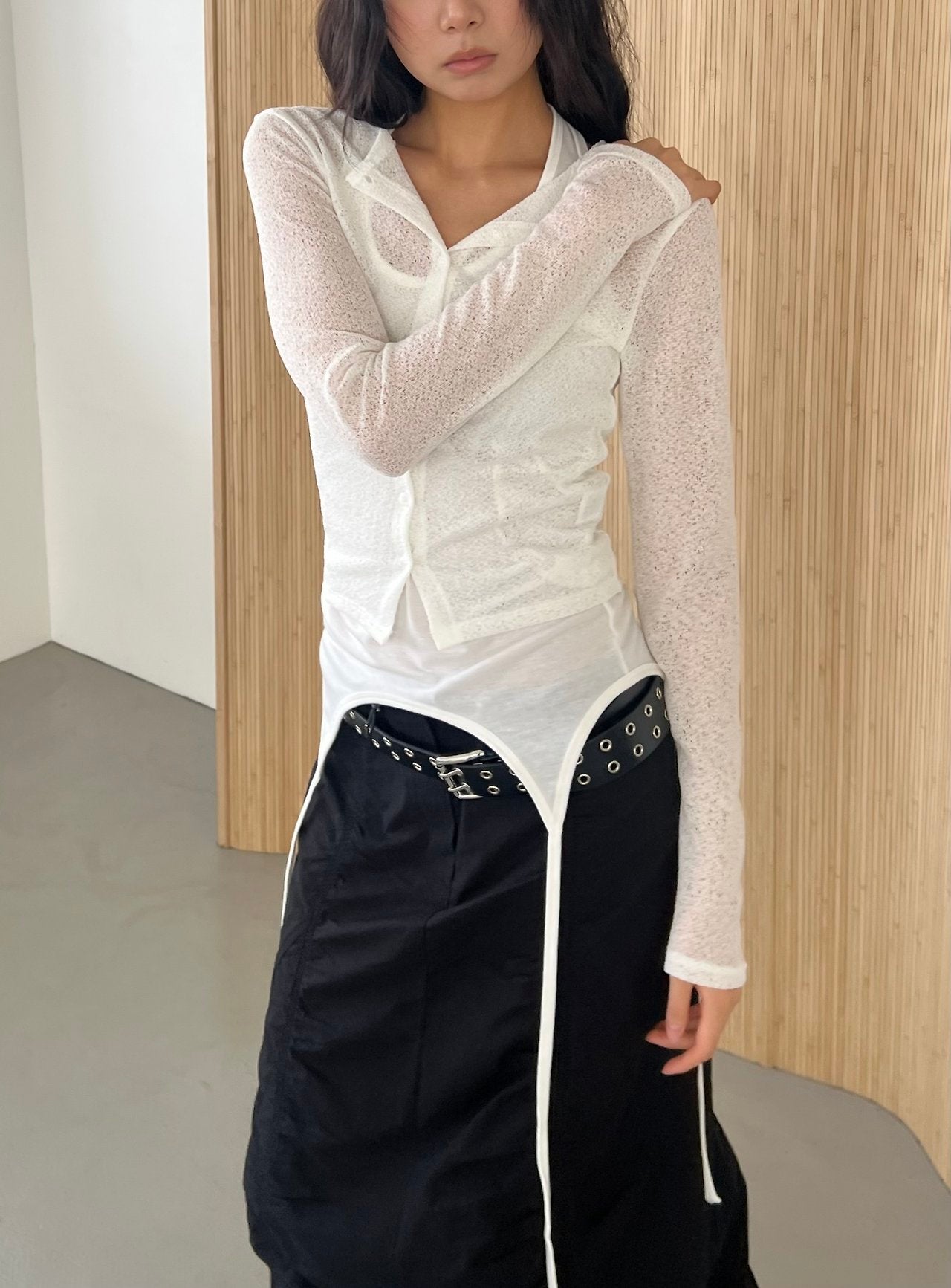 ASKHAKI Sheer Texture Button Front Slim Cropped Cardigan