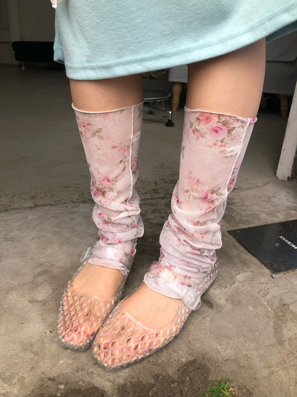 Nue Flash Floral Print Sheer Leg Warmers