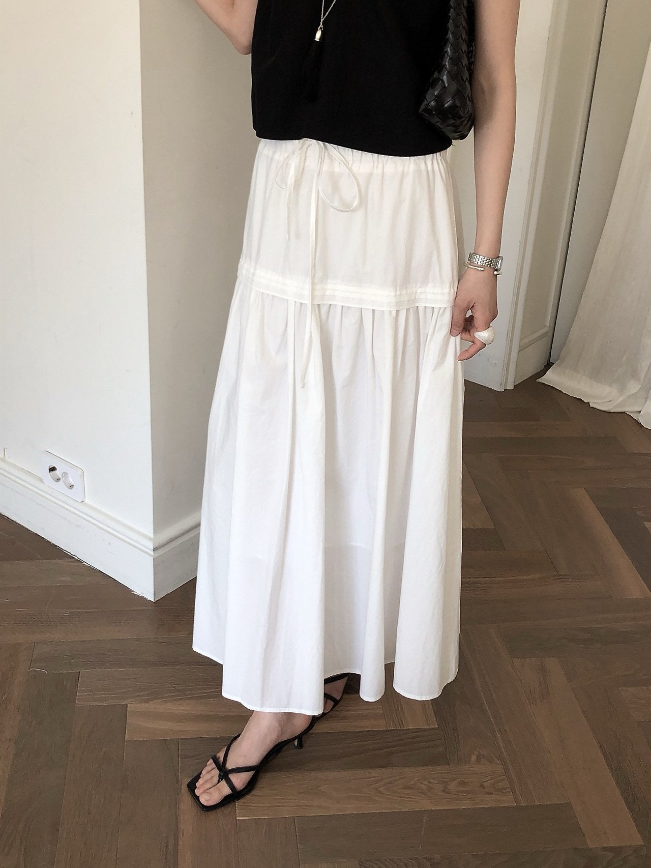 LeButter Pin Tuck Panel Maxi Skirt — Drawstring Elastic Waist