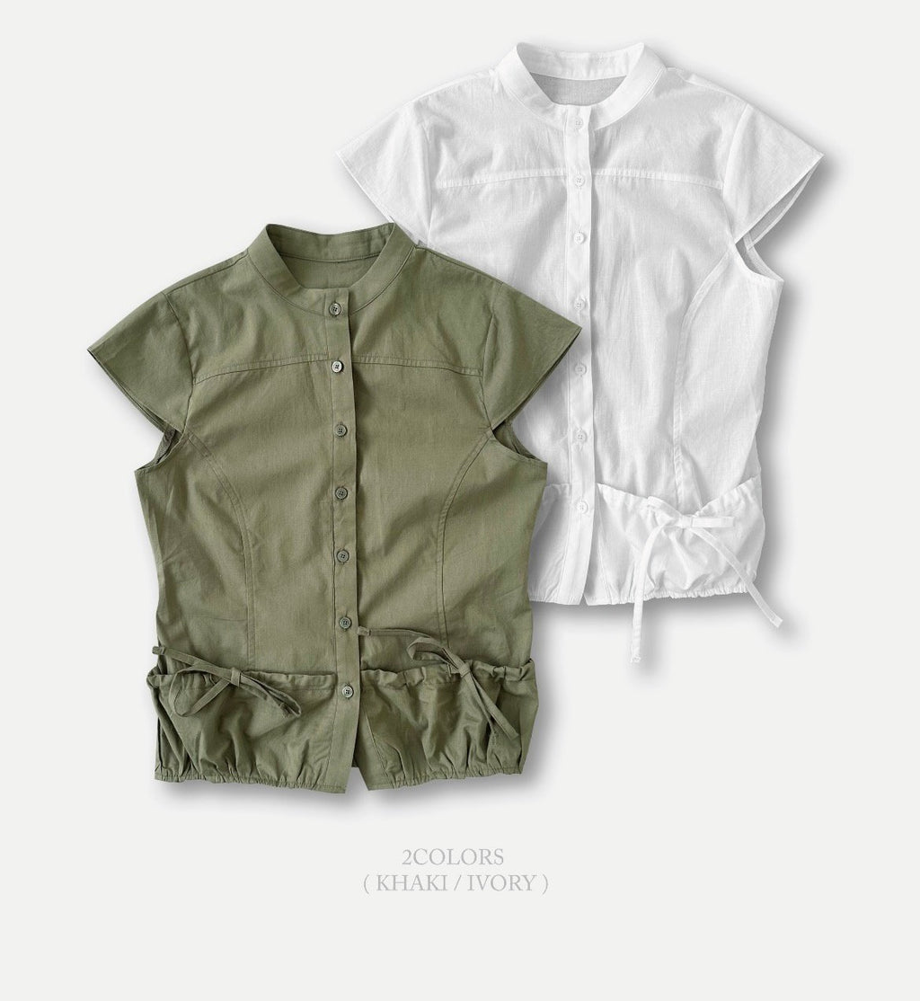 ASKHAKI Stand Collar Patch Pocket Drawstring Hem Cropped Shirt
