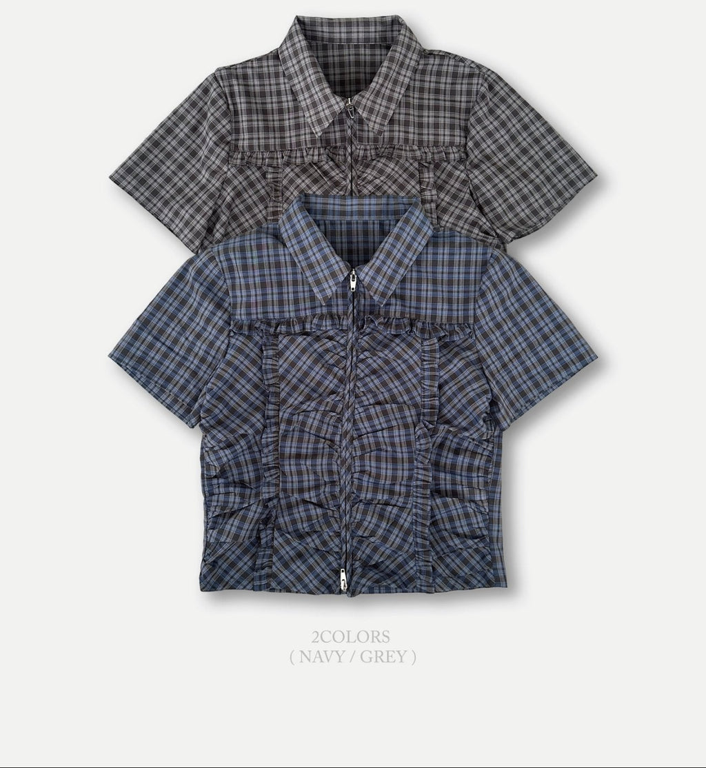 ASKHAKI Check Ruffle Double Zip Cropped Short Sleeve Shirt