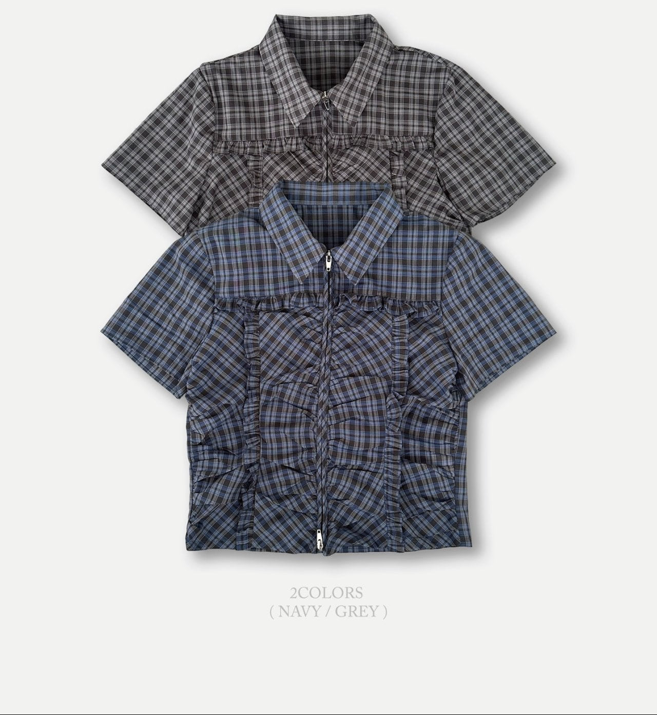 ASKHAKI Check Ruffle Double Zip Cropped Short Sleeve Shirt