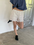 VAARA Eyelet Embroidery Scallop Hem Shorts with Drawstring Elastic Waist