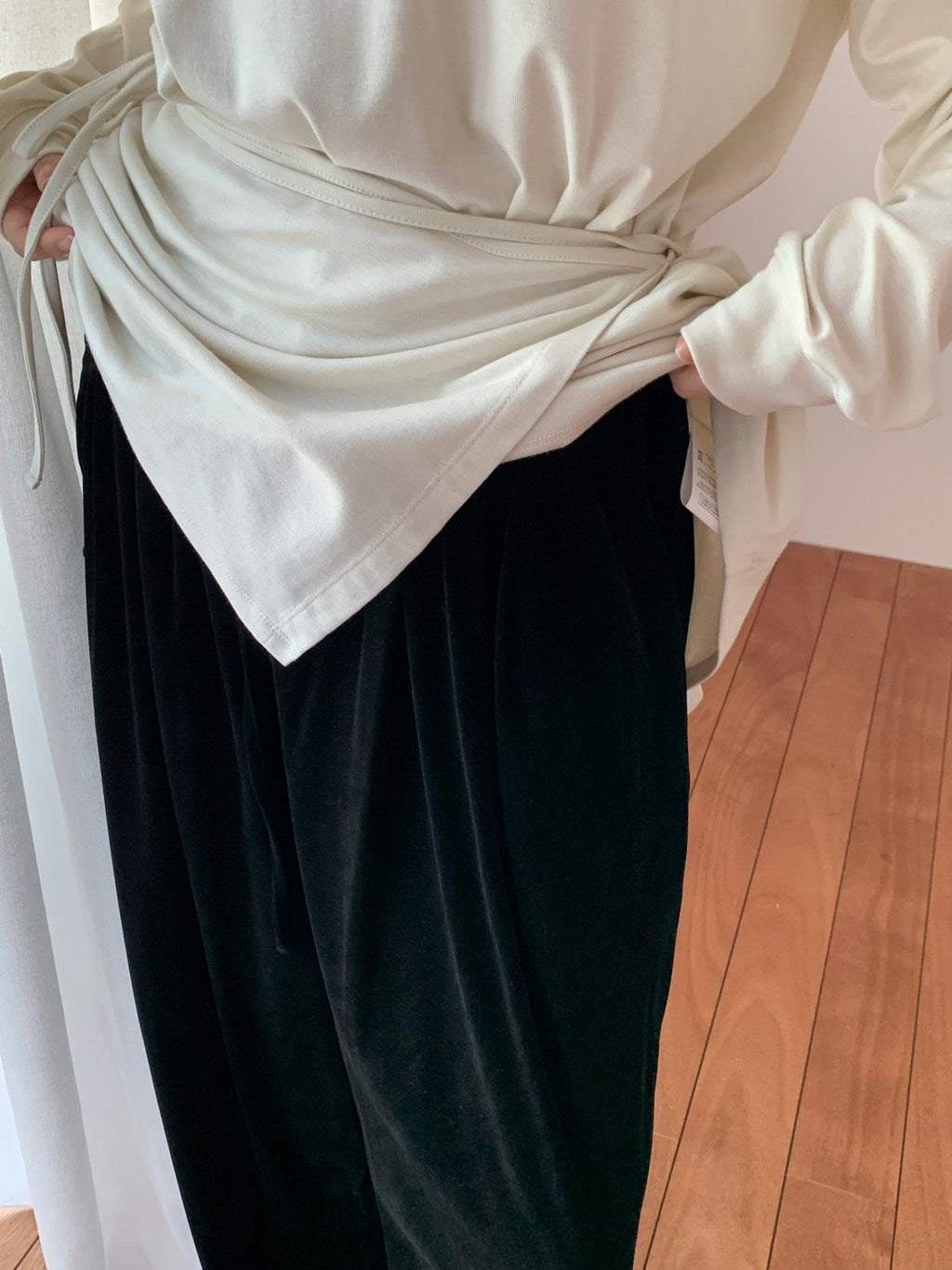 Charcoal velvet wide-leg pants full styling