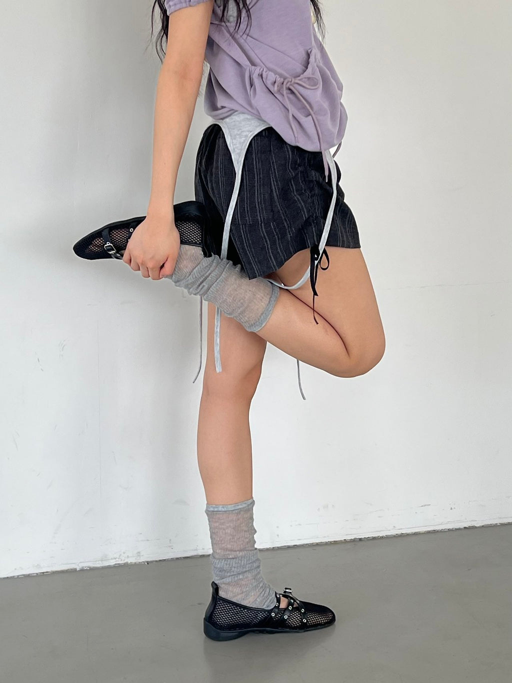 ASKHAKI Stripe Side Ruffle Drawstring Bow Elastic Waist Shorts