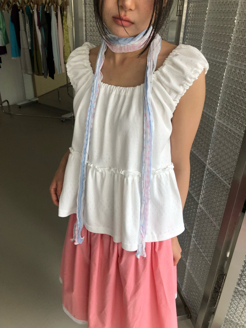 Nue Flash Gathered Sleeve Tiered Ruffle Top