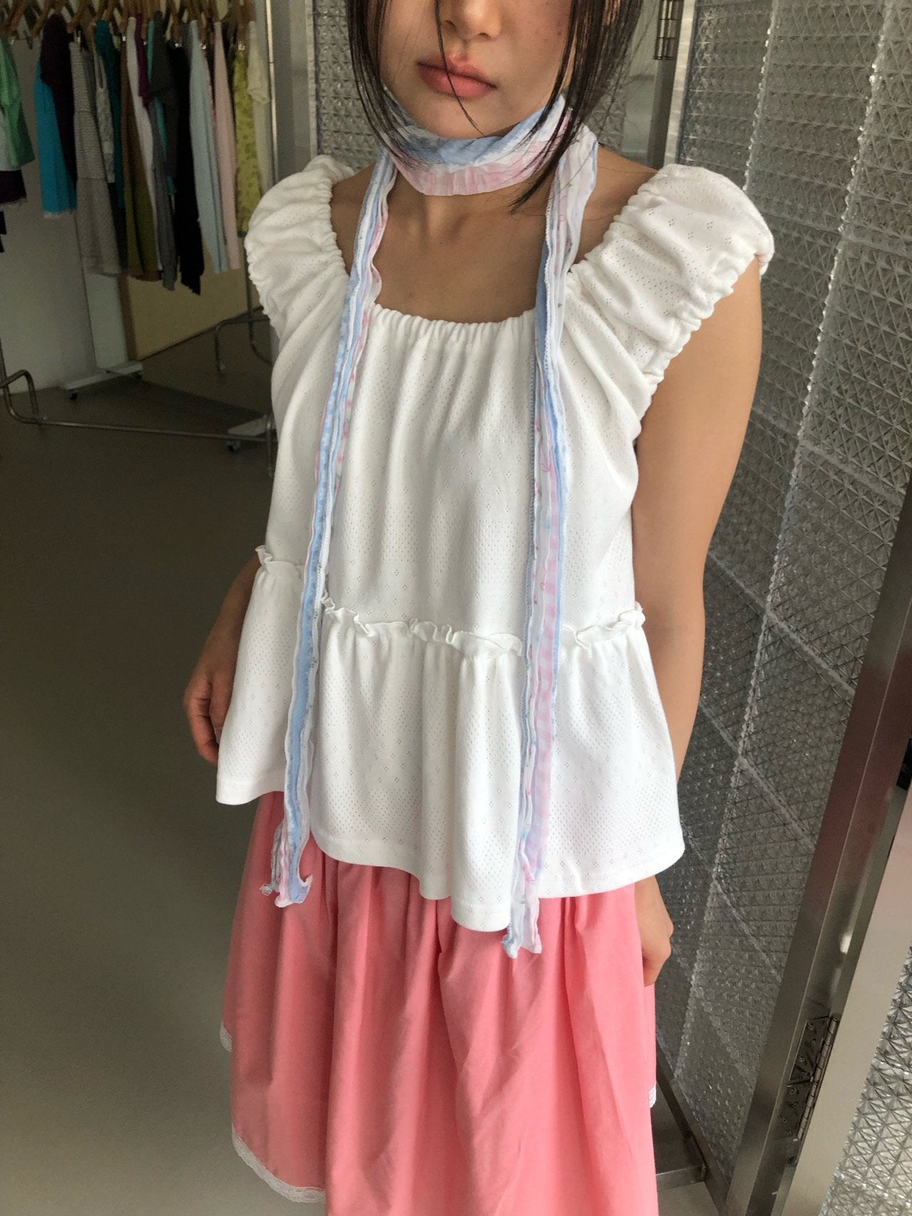 Nue Flash Gathered Sleeve Tiered Ruffle Top