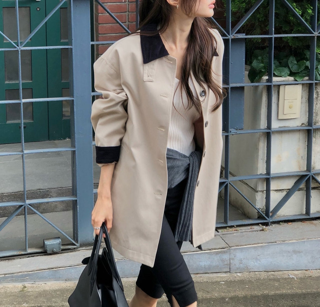 Oversized Contrast Collar Corduroy Trim Long Coat