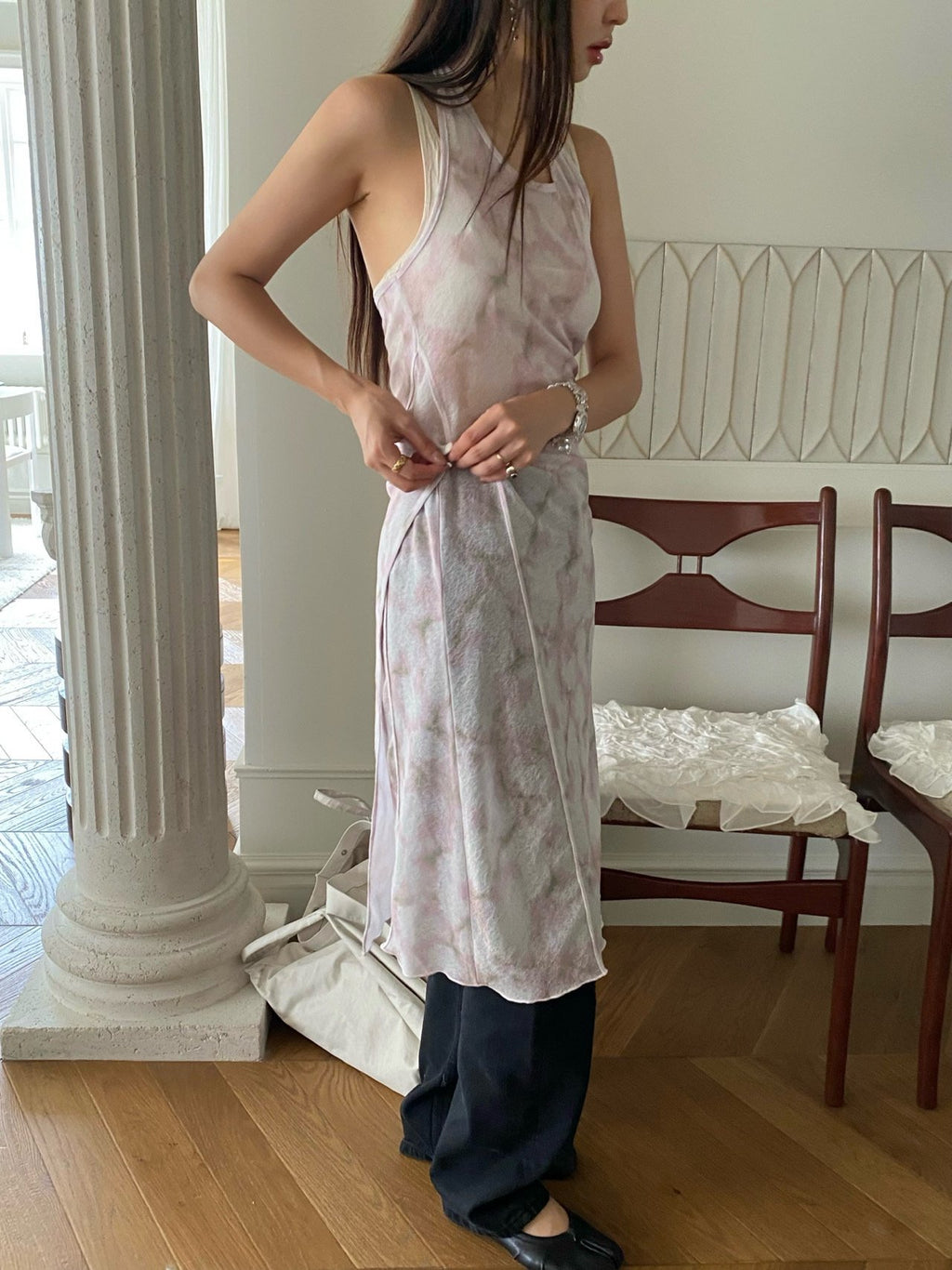 OUPPT Floral Print Halter Neck Midi Dress with Side Tie & Lettuce Hem