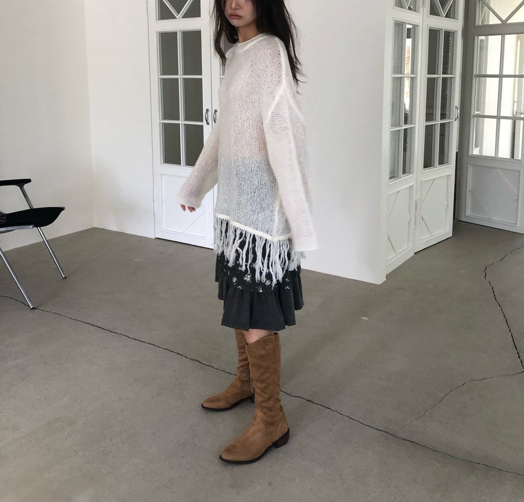 Open-Knit Fringe Sweater Charcoal upper body seated front view