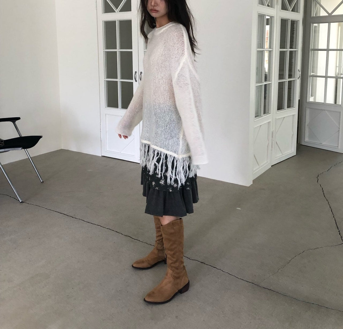 Open-Knit Fringe Sweater Charcoal upper body seated front view