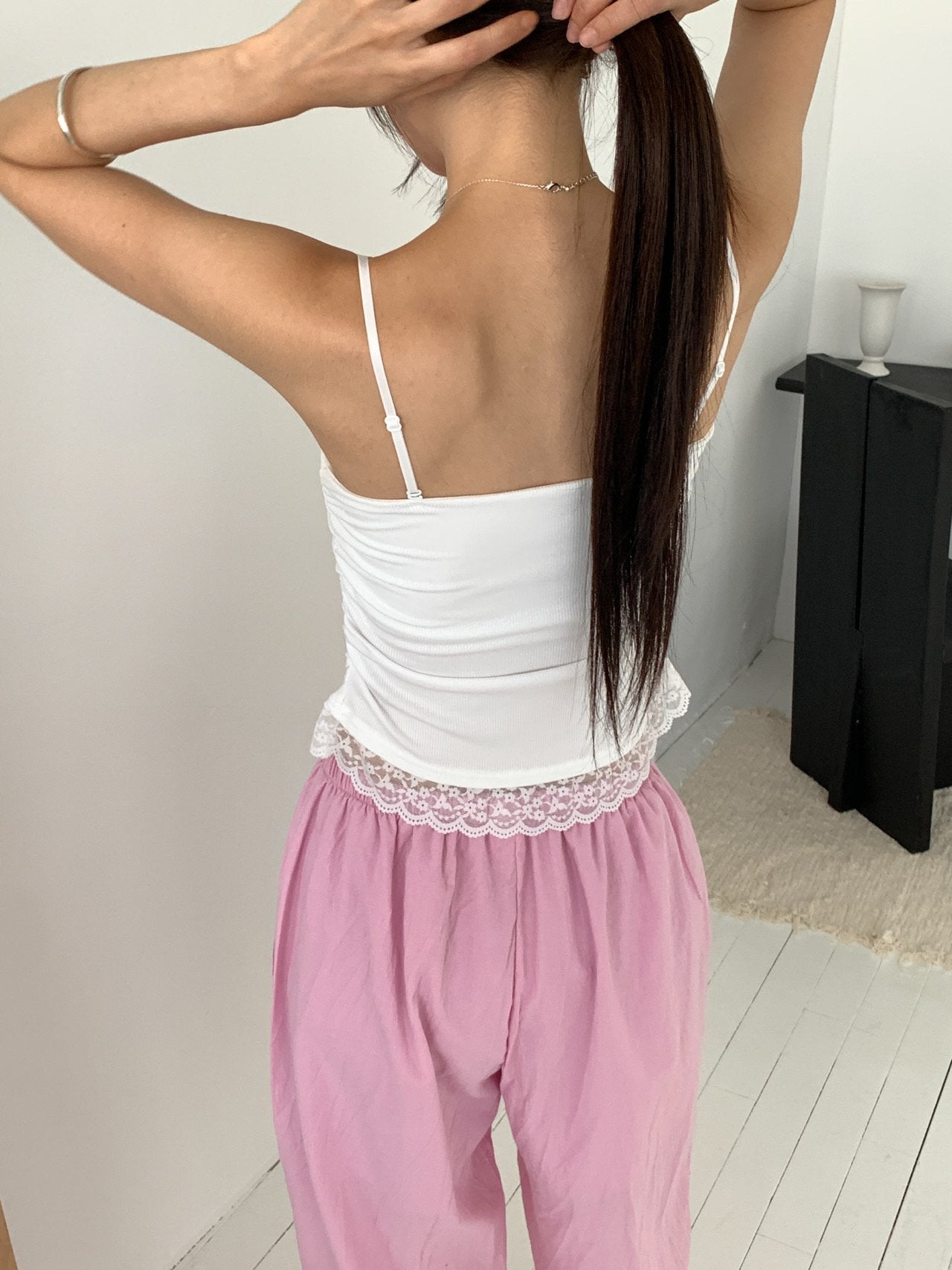 Vive L ribbed lace hem camisole top tube style in White