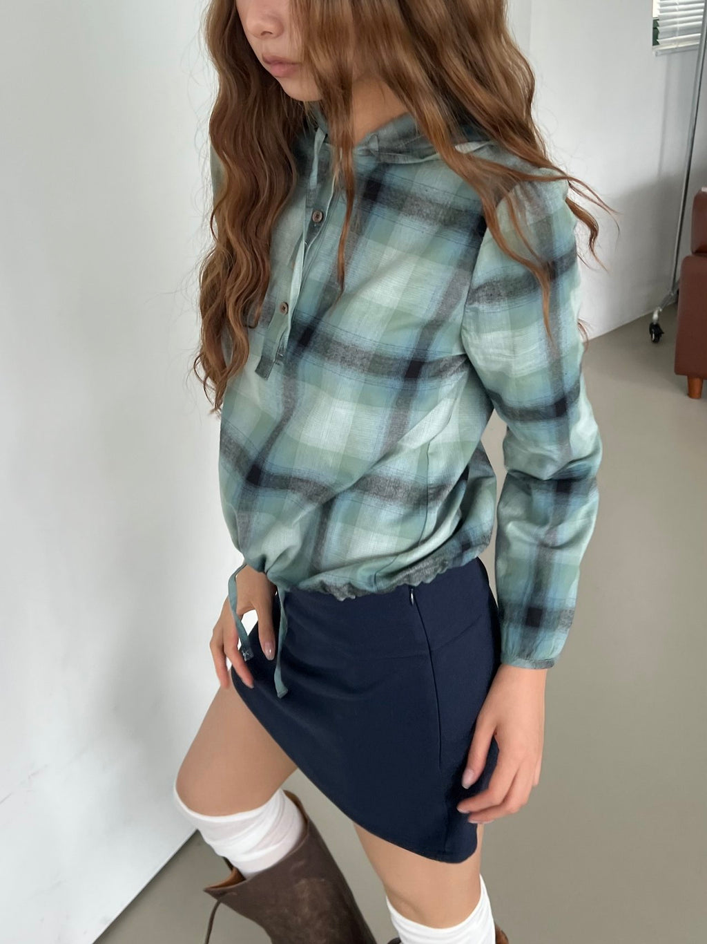 Check Pullover Hooded Shirt with Drawstring Hem