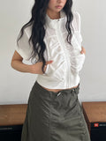 ASKHAKI Cooling Shirred Stand Collar Cropped Zip-Up