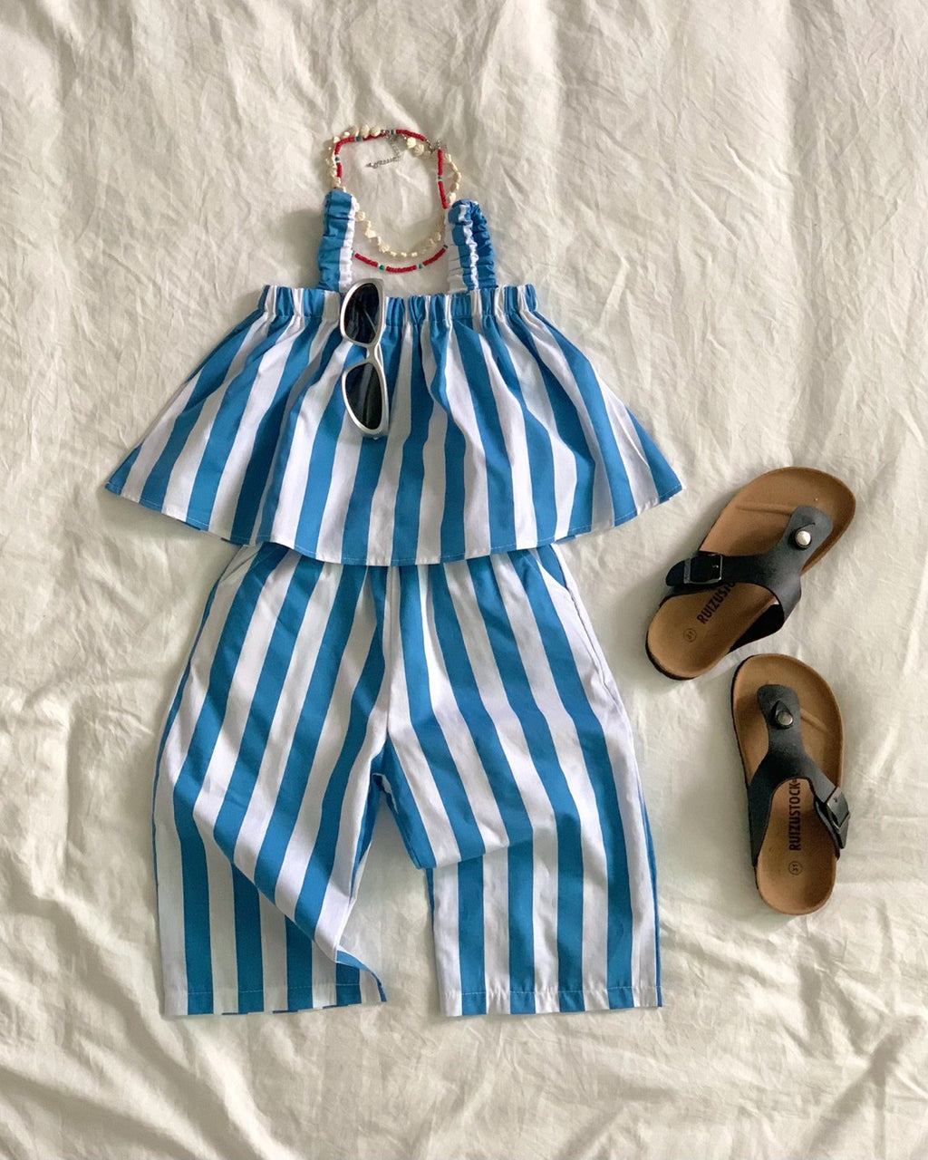 Bailey Stripe Off-Shoulder Ruffle Top & Shorts Set — Kids