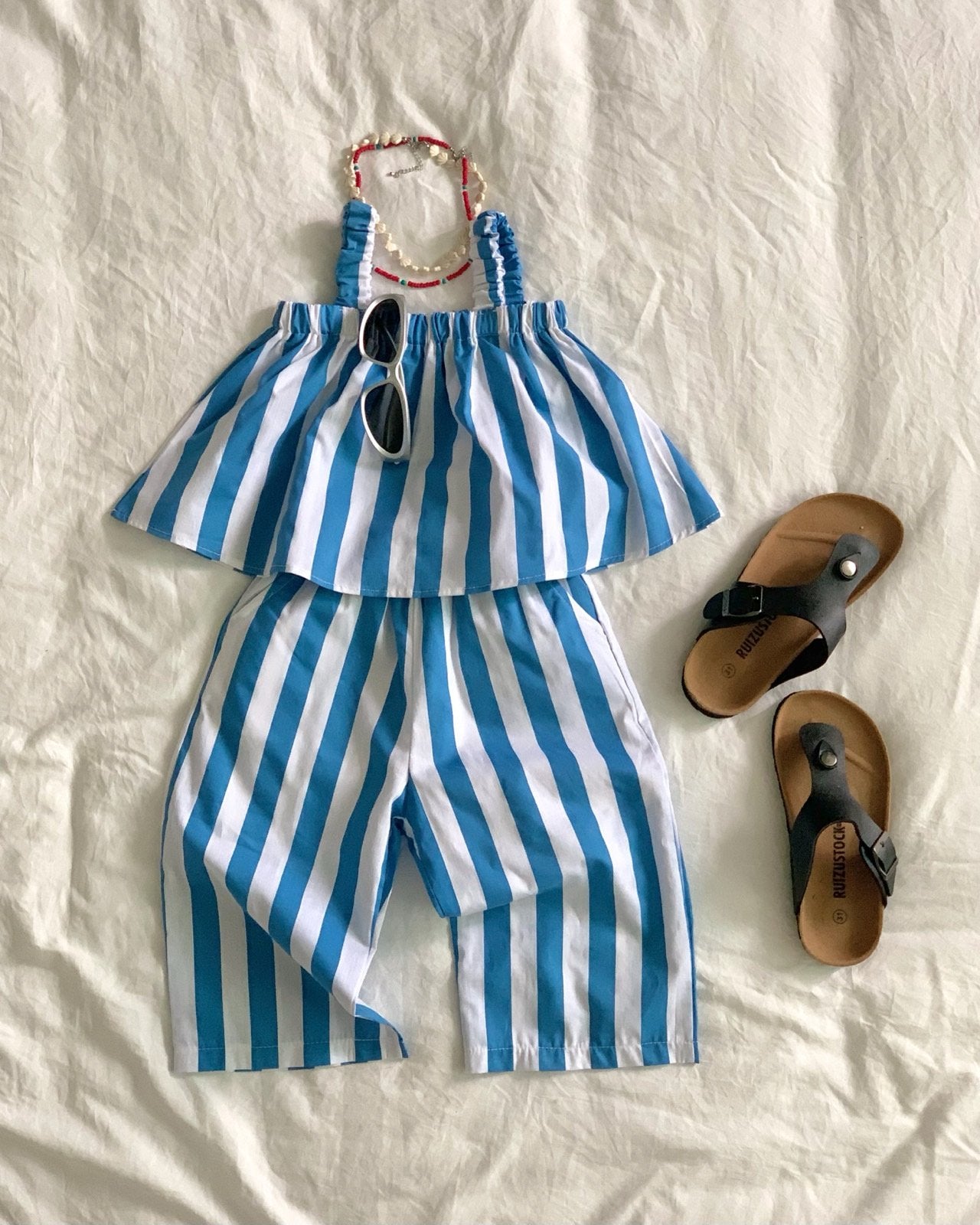 Bailey Stripe Off-Shoulder Ruffle Top & Shorts Set — Kids