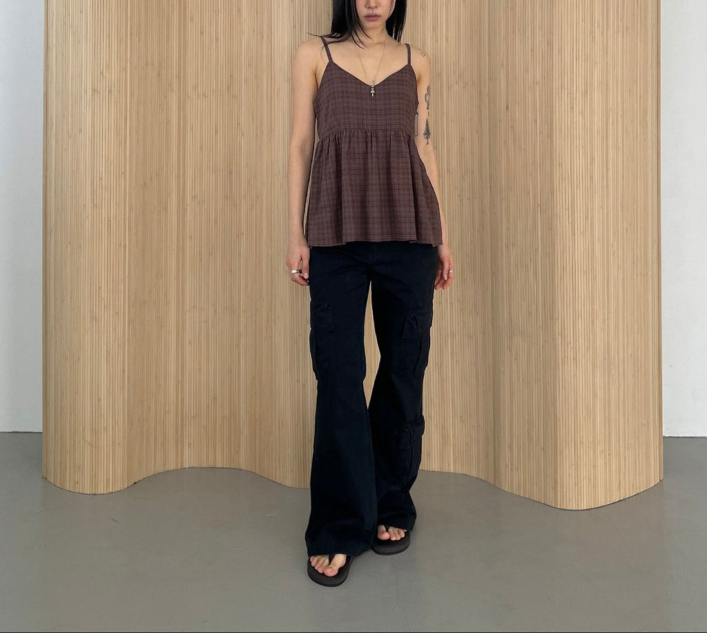 ASKHAKI Check Texture Spaghetti Strap Blouse and Maxi Skirt Set
