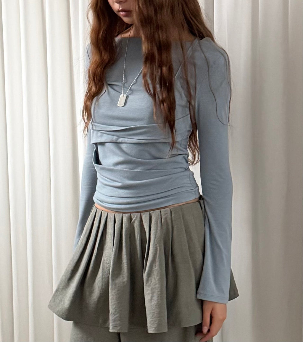 Layered Look Long Sleeve Top with Ruched Strap Detail