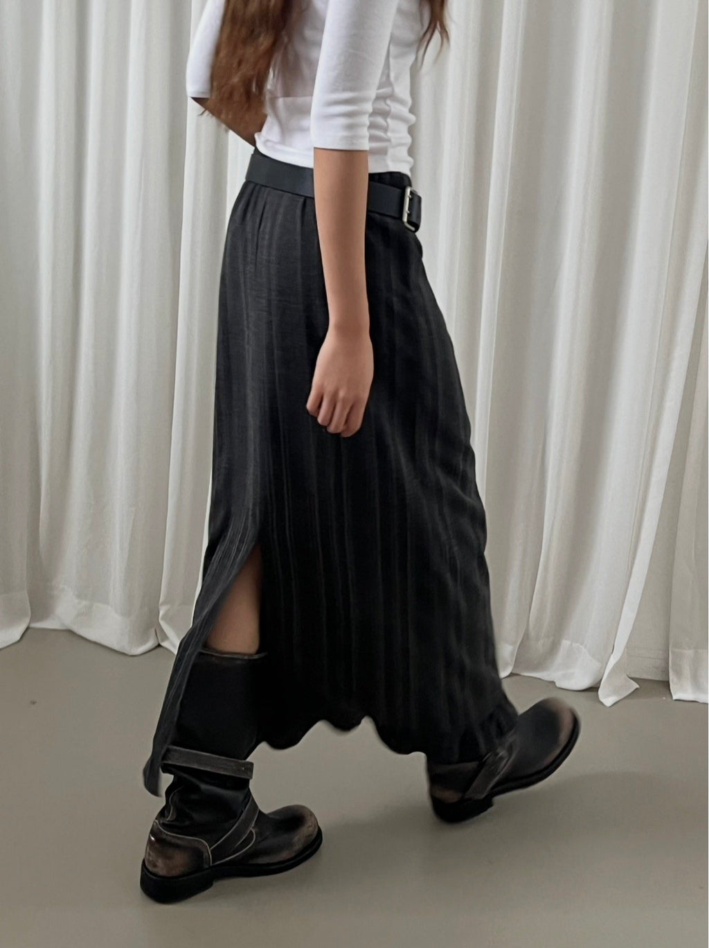 Pinstripe Maxi Skirt with Contrast Waist Band and Ruffle Hem
